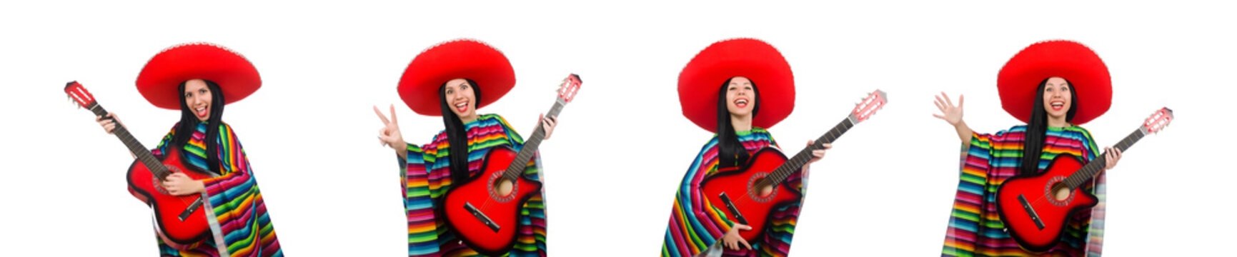 Woman mexican guitar player on white