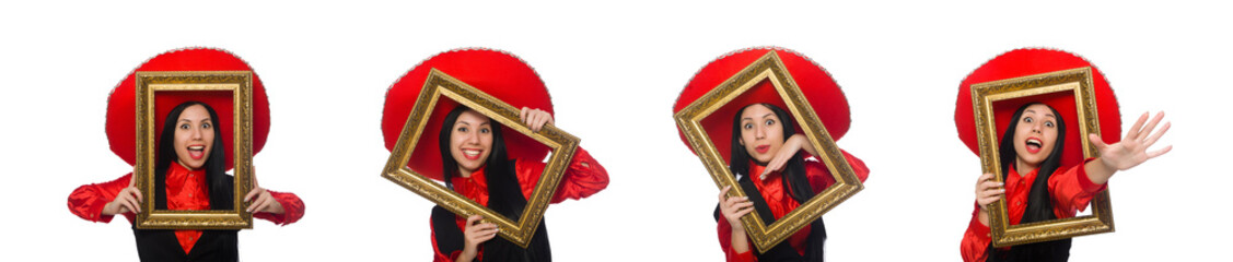 Fototapeta premium Mexican woman with picture frame on white