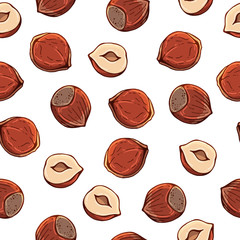 Pattern of vector colorful illustrations on the nutrition theme; set of hazelnuts. Realistic isolated objects for your design.