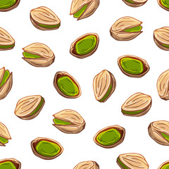 Pattern of vector colorful illustrations on the nutrition theme; set of pistachios. Realistic isolated objects for your design.