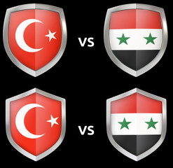 Sports and military confrontation between countries. Shields with flags in 3D isolated.