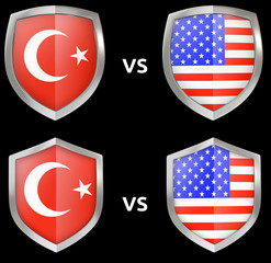 Obraz premium Sports and military confrontation between countries. Shields with flags in 3D isolated.