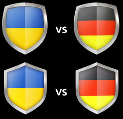 Sports and military confrontation between countries. Shields with flags in 3D isolated.