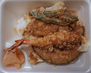 Japanese fast food tempura tendon. Tempura is a Japanese dish consisting of seafood or vegetables