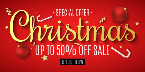 Christmas Sale. Red balls. Confetti and serpentine. Golden stars and lollipops. Scattered toys on the board. Special offer. Web banner for sale. Vector illustration