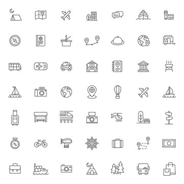 big set of travelling icon vector design with simple outline and modern style, editable stroke vector eps 10