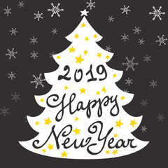 Calligraphy lettering with Christmas tree. Happy New Year 2019 lettering, vector illustration.