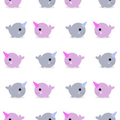 Vector illustration. Cute cartoon magic narwhal isolated on white background. funny unicorn whale for child and cards. Seamless background. © Yulia