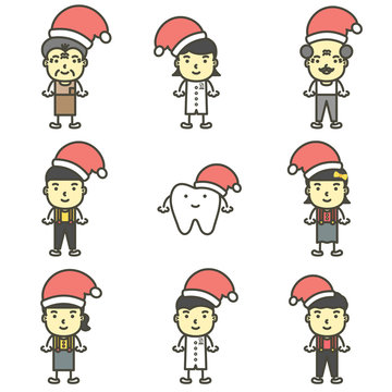 happy tooth, dentist, boy, girl, children and senior wearing santa claus hat and Christmas costumes for Merry Christmas and Happy New Year - dental cartoon vector