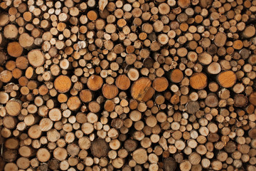 A woodpile of round logs and wood chucks in the countryside.
