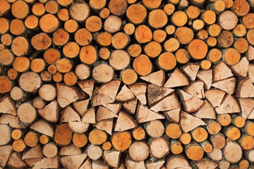 A woodpile of round logs and wood chucks in the countryside.