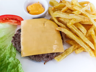 juicy steak beef meat with tomato and french fries