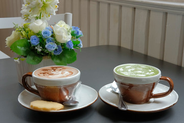 hot matcha green tea with leaves latte art & cappuccino coffee