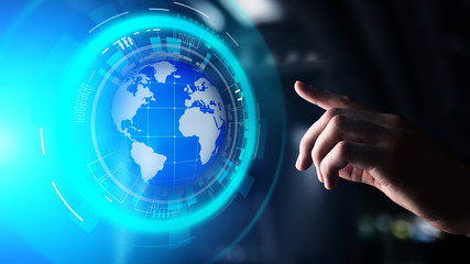 Earth hologram Planet Worldwide Business Internet Telecommunication and modern technology concept on virtual screen.