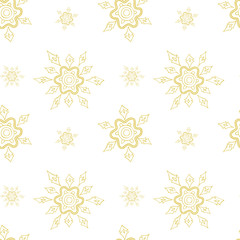 Christmas vector seamless pattern different size gold and white silhouettes of snowflake on a white background  for bedding, textile, wallpaper, wrapping, cover page, web site, card.