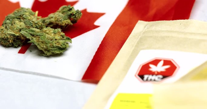 Weed Marijuana on Candian flag - extreme close up - pan with rack focus on THC warning