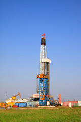 Oil drilling derrick in Nanpu assignments area of Jidong oilfield, China.