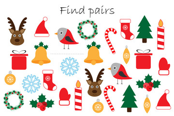 Find pairs of identical pictures, fun education game with christmas theme for children, preschool worksheet activity for kids, task for the development of logical thinking, vector illustration - 234020380