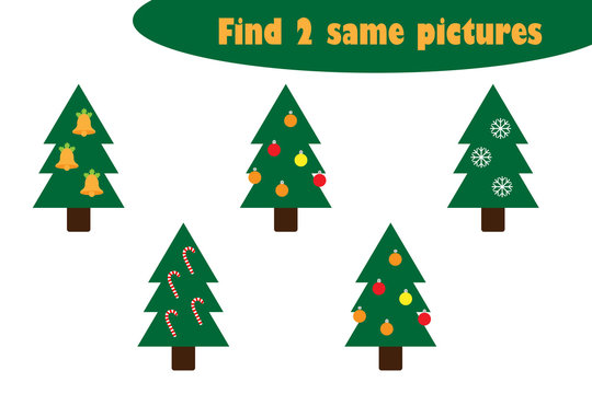 Find two identical pictures, fun education game with christmas trees cartoon for children, preschool worksheet activity for kids, task for the development of logical thinking, vector illustration