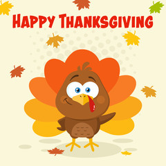 Cute Turkey Bird Cartoon Character Waving. Vector Illustration Flat Design With Background And Text