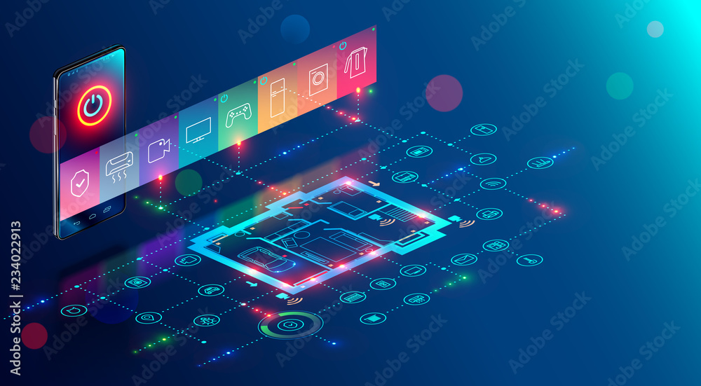 Aufkleber IOT isometric concept. mobile app of smart home controls Internet of things via phone. House automation system technology