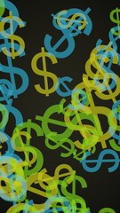 Fototapeta premium Multicolored translucent dollar signs on dark background. Vertical image orientation. 3D illustration