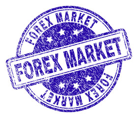 FOREX MARKET stamp seal watermark with distress texture. Designed with rounded rectangles and circles. Blue vector rubber print of FOREX MARKET label with dust texture.