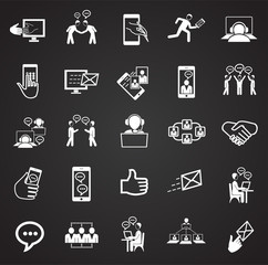 Social network and connections on black background icons