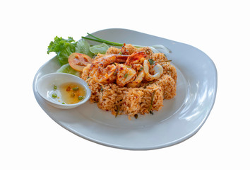 Fried rice with seafood  , spicy food Thai style  on a white background.