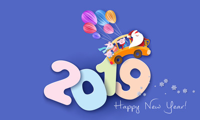 Fototapeta premium 2019 Happy New Year design card with Santa and pig