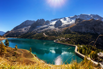 Lago Fedaia (Fedaia Lake), Fassa Valley, Trentino Alto Adige, an artificial lake and a dam near...
