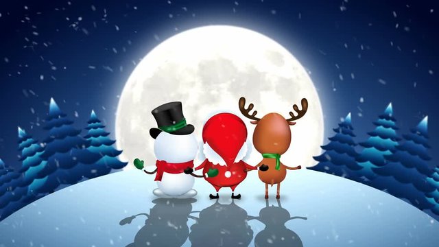 Santa Claus Snowman and Reindeer dancing on full moon night, Animation looping.