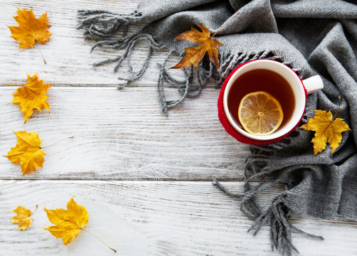 Autumn Flat Lay With Cup Of Tea And Leaves