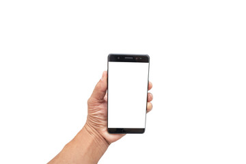 hand holding smartphone on clipping path on white background.