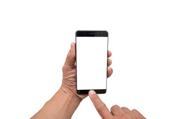  hand holding smartphone on clipping path on white background.