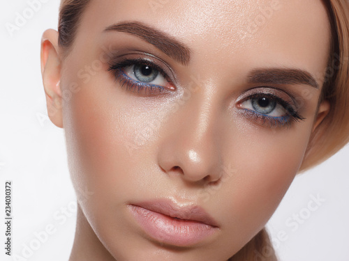 Close Up Portrait Of Sexy Young Woman With Beautiful Blue