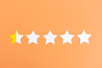 Layout of five white empty stars in row showing bad rating with first star being filled up to half on orange background
