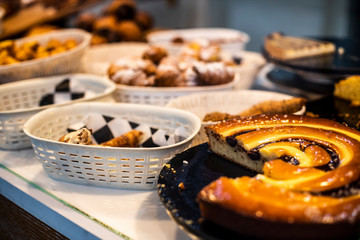 Many types of pastries in a bakery