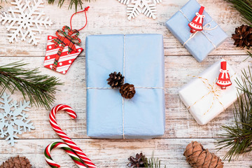 Layout of Christmas gifts. Top view.