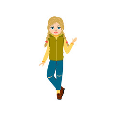 Vector illustration of cute cartoon blonde girl in  jeans and sport jacket, isolated on white background. Little Kid Cartoon.