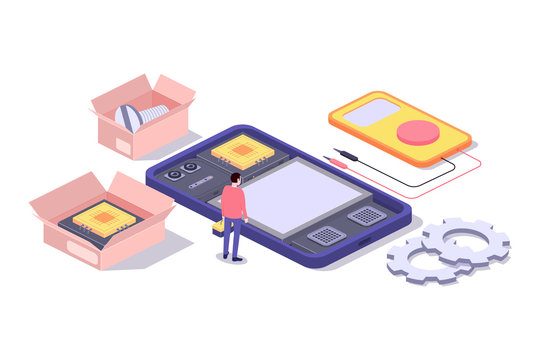 Mobile repair and service concept. Smartphone with repairman and spare parts. Isometric composition. Illustration for web sites and print. Vector illustration