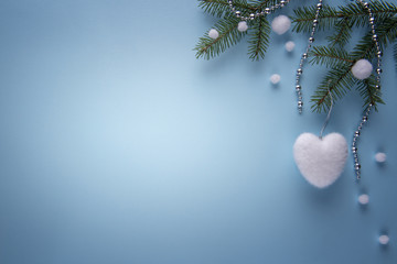 Christmas decorations on blue with copy space