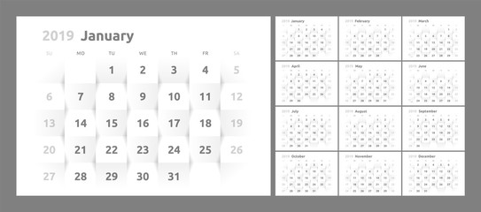 Year 2019 calendar on white abstract texture. Vector background 3d paper art style. Horizontal design template. Week Starts Sunday.