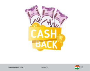 Cash back banner with 2000 Indian Rupee Banknotes and coins. Flat style vector illustration. Shopping and sales concept.