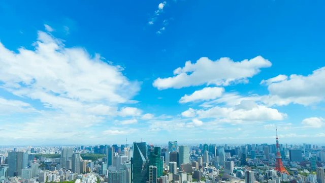 4k・東京風景・タイムラプス・青空に流れる白い雲
