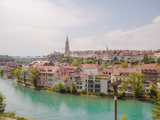 Cityscape view on the old town with river and bridge in Bern city in Switzerland