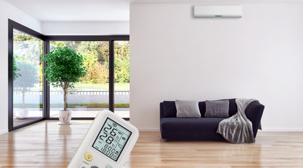 modern bright interiors Living room with air conditioning illustration 3D rendering computer generated image