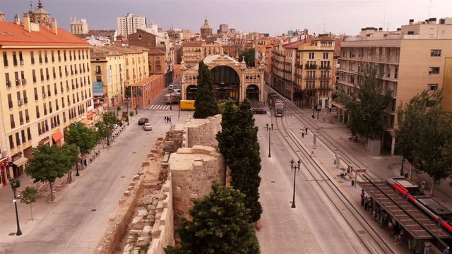 Tram station at Plaza del Pilar-Murallas in Zaragoza, Araggon, Spain &ndash; seen from above