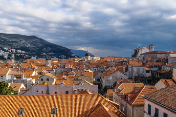 View over the sunshined old city Dubrovnik with mountains, Croatia