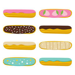 Set, collection of sweet french pastry, eclair in cartoon style for menu or recipe design.
